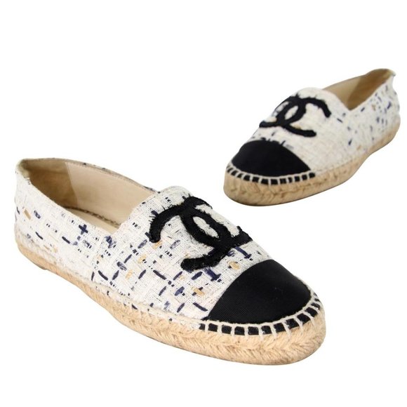 Chanel Espadrille 37 Tweed Leather Cap Toe Cc Flats CC-0707N-0008 - Picture 1 of 10